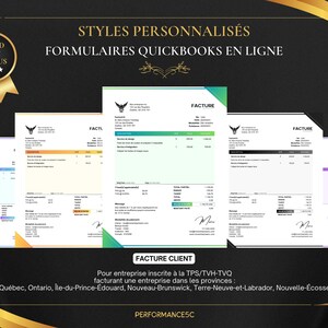 May include: Four different invoice templates for QuickBooks Online. The templates are in various colors, including green, blue, yellow, and purple. The text on the templates is in French. The templates are for businesses that are registered for the Goods and Services Tax (GST) in Canada.
