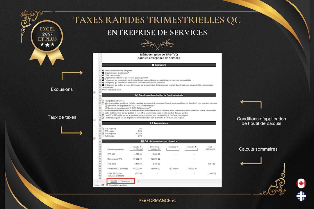 Excel Tool Quick Taxes GST-QST Quarterly Quebec Service Business - Etsy