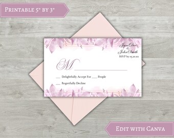 RSVP Card Template, Pink Leaves Digital Download, Wedding, Editable, Printable