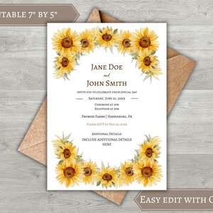 Modèle d’invitation de mariage, téléchargement numérique tournesol, floral, modifiable, imprimable