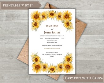 Puede incluir: Invitación de boda imprimible con un borde de girasoles. La invitación mide 17,8 cm por 12,7 cm e incluye los nombres Jane Doe y John Smith, la fecha del sábado 10 de junio de 20XX, la hora de las 3 PM para la ceremonia y las 5 PM para la recepción, la ubicación Promise Farms en Harrisburg, PA, y la fecha límite de respuesta del 20 de mayo de 20XX.