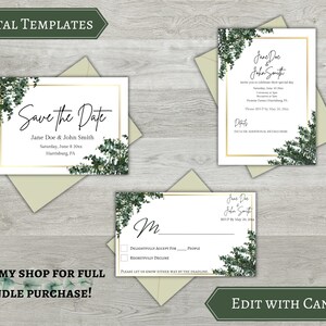 Paquete de plantillas de invitación de boda, descarga digital de eucalipto verde, guardar la fecha, tarjeta RSVP, editable, imprimible