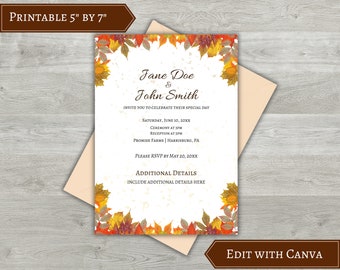 Wedding Invitation Template, Fall Leaves Digital Download, Editable, Printable