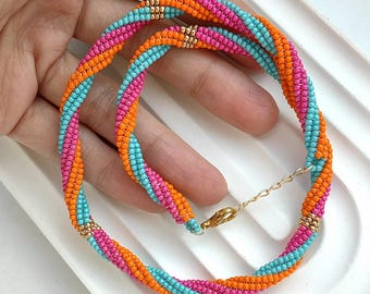Handwoven Seed Bead Necklace, Multi-Color Boho Jewelry