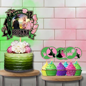 Witches Cake Topper and 12 Cupcake Toppers - Wicked Themed - Pink and Green Topper - Fully Customizable