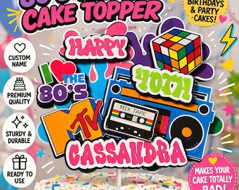 80’s Theme Cake Topper & Cupcake Toppers | Retro 80s Birthday Decorations | Neon Party | 80’s Boombox Favor Boxes | Custom 80s Party Decor