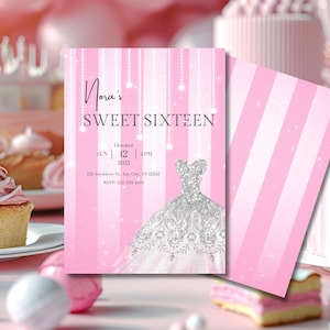 Sweet 16 Invitation - Printable Template Editable Download Pink and White Theme - Birthday Invitation