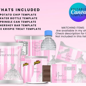 Plantillas para paquetes de dulces para 16 años: plantillas imprimibles y editables, descargables, tema rosa y blanco
