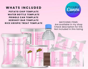 Sweet 16 Treat Bundle Templates - Printable Template Editable Download Pink and White Theme