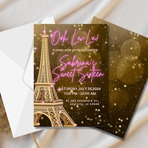 Sweet 16 Invitation - Printable Template Editable Download - Gold and Pink Theme - Paris Invitation