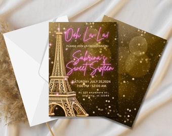 Sweet 16 Einladung - Druckbare Vorlage bearbeitbarer Download - Gold und Rosa Thema - Paris-Einladung