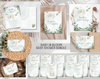 Baby in Bloom Baby Shower Bundle Template | Editable Floral Baby Shower Invitation, Games, Diaper Raffle, Books for Baby Digital Download