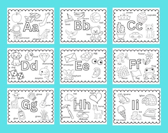 Afdrukbare kleurplaten alfabet, afdrukbare kleuterschool, thuisschoolhulpmiddel, ABC-kleurplaten voor kinderen