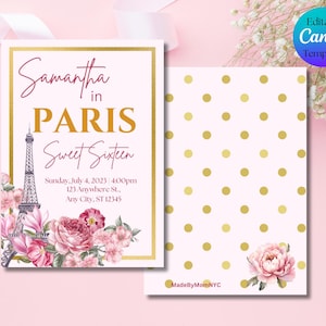 Paris Themed Sweet Sixteen Editable Birthday Invitation - Pink and Gold Invitation