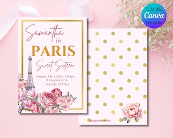 Paris Themed Sweet Sixteen bearbeitbare Geburtstagseinladung - Rosa und Goldeinladung