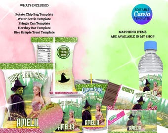 Witches Party Favor Template - Wicked Themed - Pink and Green Favors -  Editable - Digital Download - Digital Chip Bags