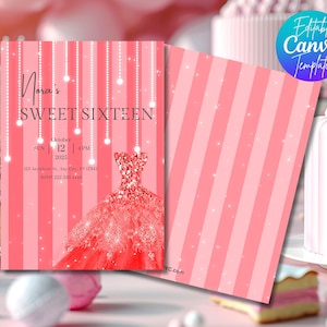Sweet 16 Invitation - Printable Template Editable Download Red and Pink Theme - Birthday Invitation