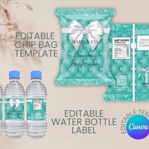 May include: Editable template for a baby shower chip bag and water bottle label. The design features a turquoise background with a white bow and rhinestones, and the text "Baby & Co" and "Danietta's Baby Shower".