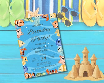 May include: A blue and white birthday party invitation with a beach theme. The invitation features a variety of sea creatures, including a starfish, a seahorse, a jellyfish, a crab, and a fish. The text on the invitation reads "Join us for a Birthday Party! Celebrating Amanda's 5th Birthday. Sunday, September 24 at 123 Anywhere St., Any City, ST 12345. RSVP: Deanna 222-555-4444."