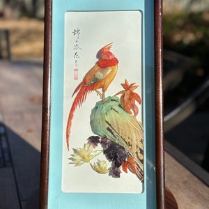 Vintage Chinese Painted Shell Bird and Flower Sculpture Wall Hanging Art, Shadow Box, signed by artist