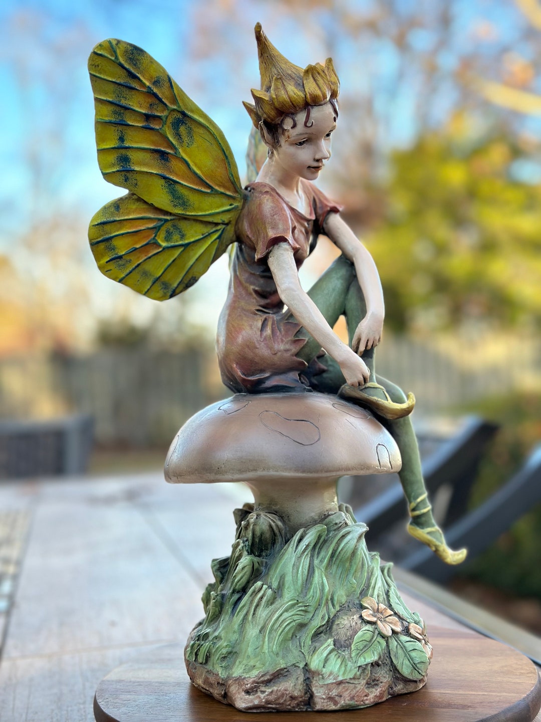 Vintage 14 Inch Pixie Fairy on a Mushroom Statue - Etsy