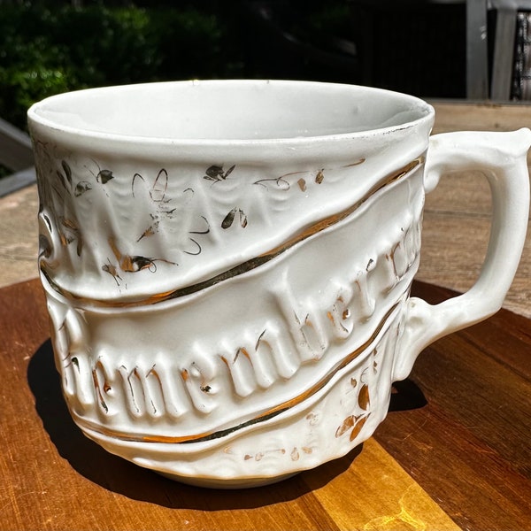 Antique White and Gold Mustache Mug “Remember Me”, made in Germany