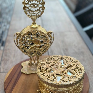 Vintage Roman/Greek Decorated Ormolu Gold Filigree Ornate Perfume Bottle and matching Mirrored Powder/Trinket Jar Dish, sold separately