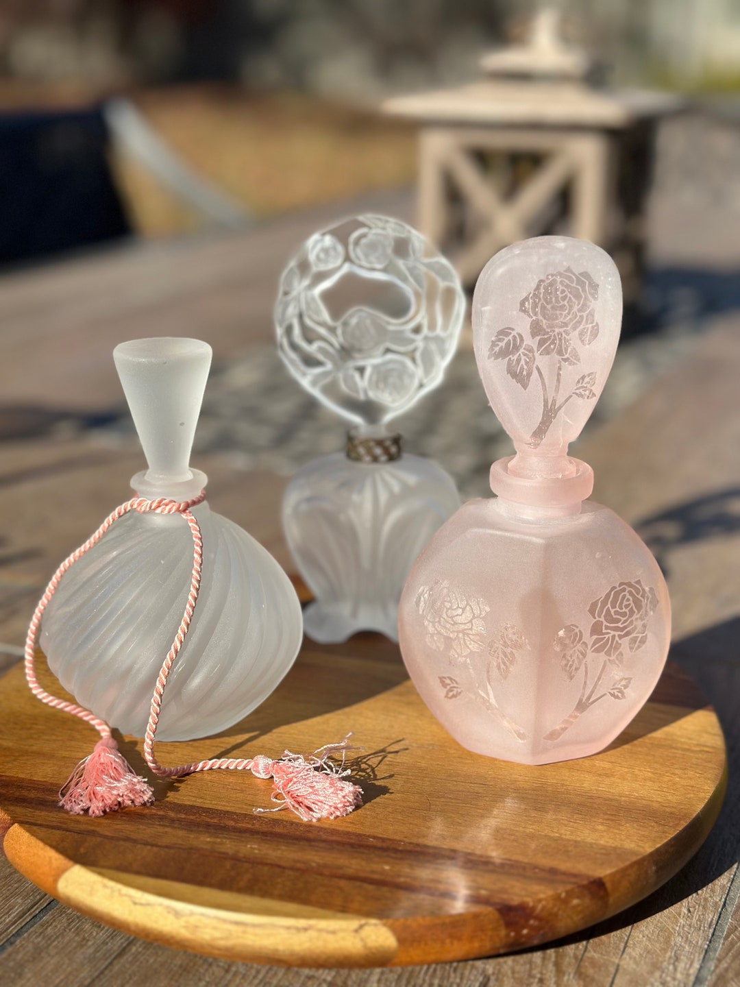 Vintage Frosted Glass Perfume Bottles With Stoppers, Details in