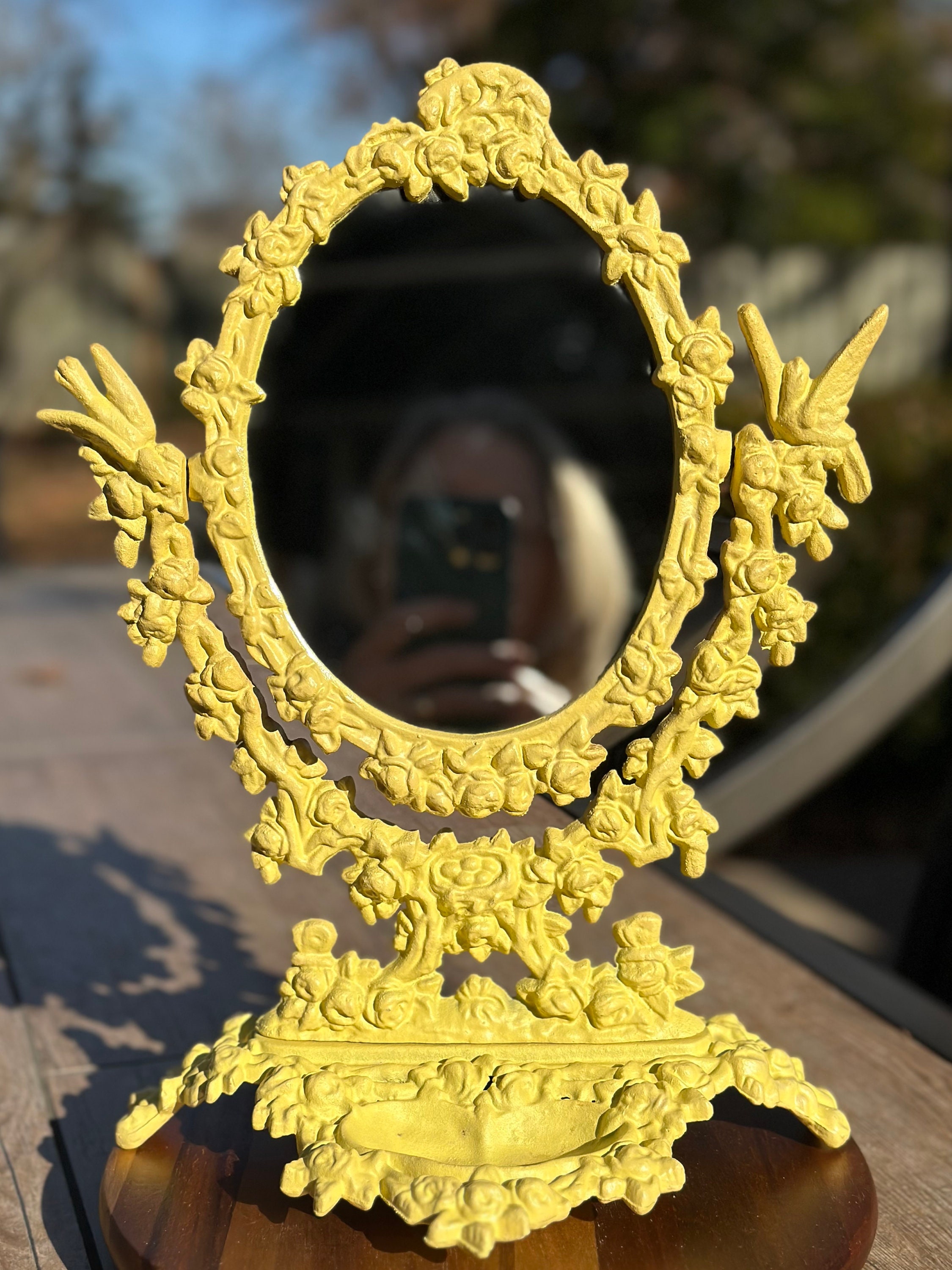Vintage Tassel Footed Oval Mirror Bow Vine Tripod Vanity Desk Mirror