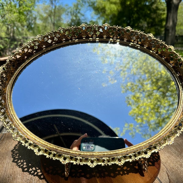 Vintage Matson/Stylebuilt/Globe Gold Ormolu Filigree Rococo Hollywood Regency Oval Vanity/Hanging Mirror Tray