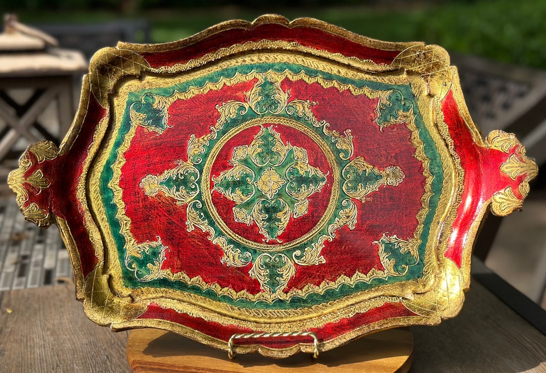 Vintage Florentine Rectangular Red and Gold Painted Wooden Tray W ...