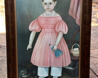 Vintage Ethan Allen Framed Print of Joseph Whiting Art Print "Mary Jane Smith' Portrait Young Girl with Cat