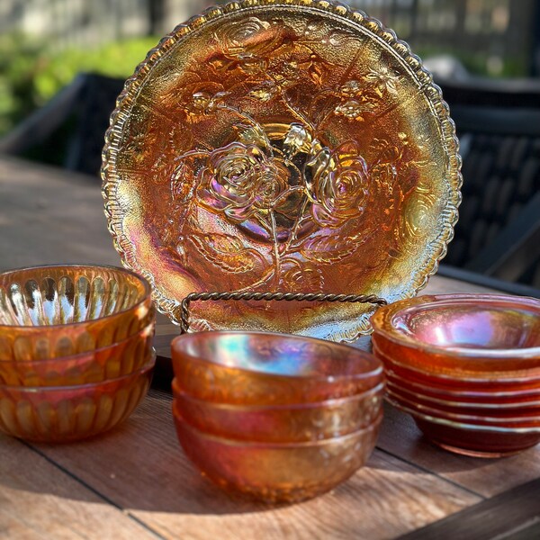 Vintage Marigold Carnival Depression Glass Bowls, American Beauty Rose, Smooth Rays, Jenkins Blossom Dogwood, Federal Iridescent Normandie