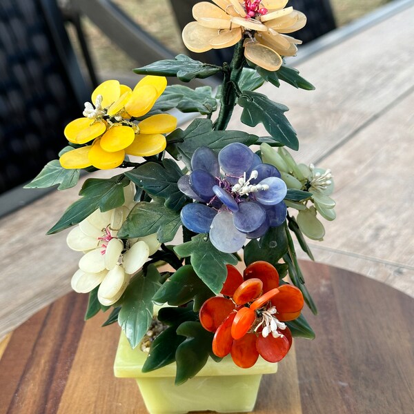 Vintage Carved Jade Agate Bonsai Colorful Flower Tree