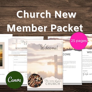 May include: A church new member packet with a welcome message and a cross graphic. The packet includes 25 pages and is designed using Canva. The text on the packet includes "Welcome!" and "The name of your CHURCH."