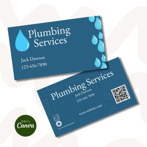 May include: Two business cards with a blue background. The top card has a water droplet graphic and the words "Plumbing Services", "Jack Dawson", and a phone number. The bottom card has a QR code and social media icons.