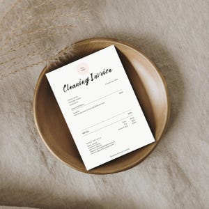 May include: A cleaning invoice with the title "Cleaning Invoice" and the invoice number 1234. The invoice lists the client name, date, services, total amount due, and bank details.