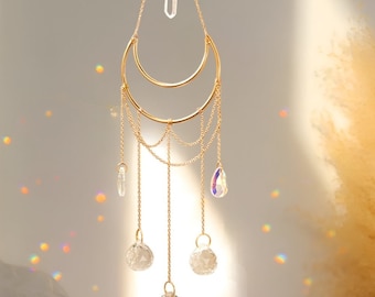 Crescent Moon Crystal Suncatcher: Boho Rainbow Maker Wall Hanging