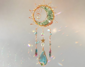 39cm Crystal Suncatcher, Sun and Moon, Crescent Moon, Wall Hangings, Cute Room Decorations, Boho Chic Home Decor, Rainbow, Suncatcher