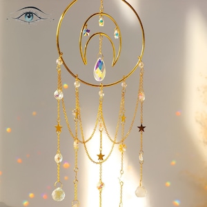 Attrape-soleil en cristal 45 cm, croissant de lune, tentures murales, jolies décorations de chambre, décoration d&#39;intérieur bohème chic, arc-en-ciel, attrape-soleil, astrologie