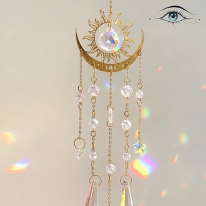 Crystal Suncatcher: Crescent Moon Rainbow Boho Decor (40cm)