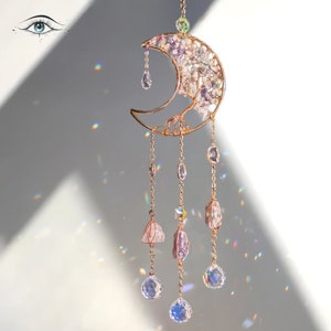 Crystal Suncatcher, Tree of Life, Crescent Moon, Crystal Ornament, Wall Hangings, Cute Room Decorations, Boho Chic Home Decor, Rainbow