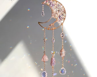 Crystal Suncatcher: Tree of Life Crescent Moon, Boho Home Decor