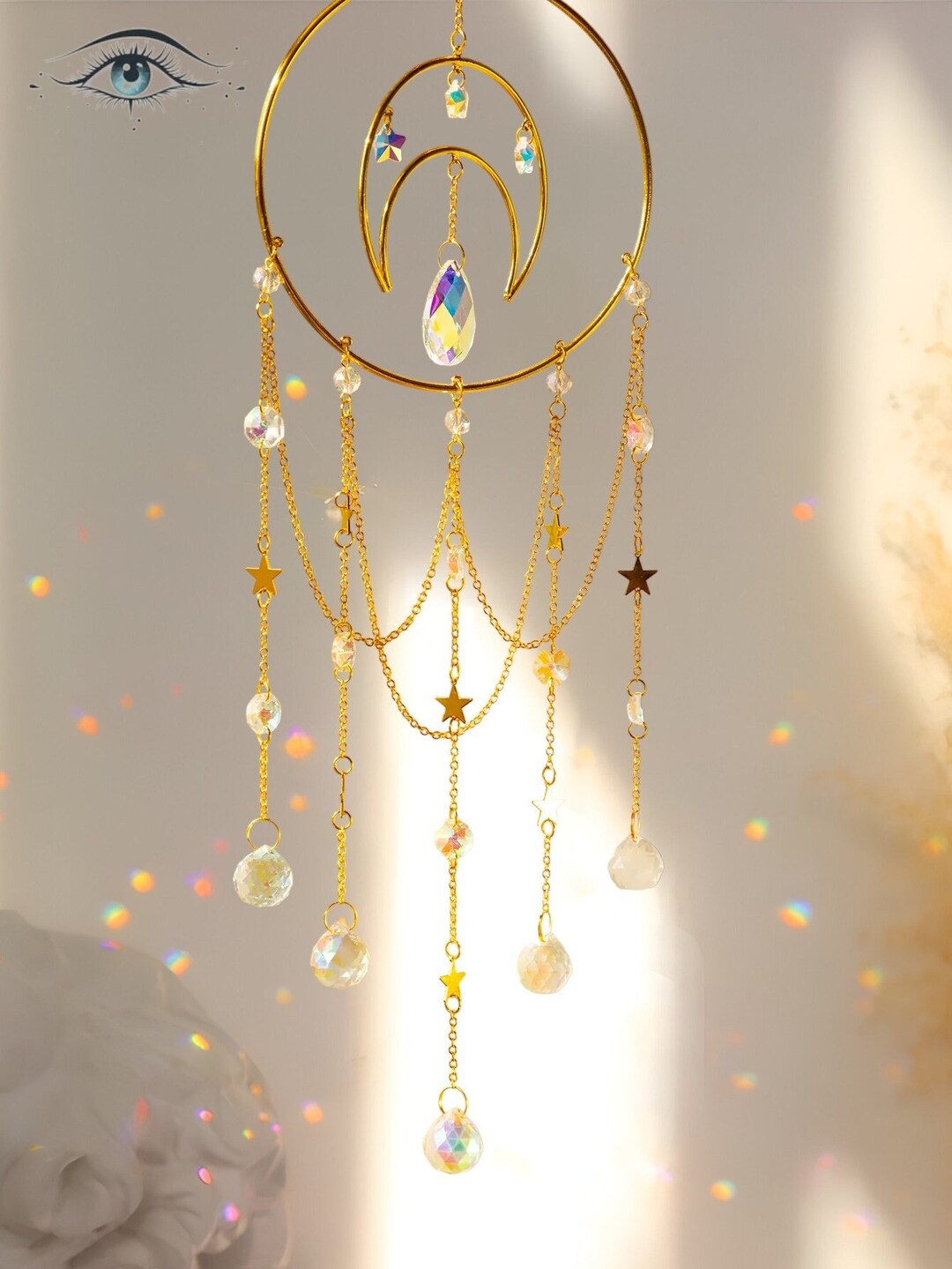Crystal Crescent Moon Suncatcher: Boho Rainbow Wall Hanging - Etsy