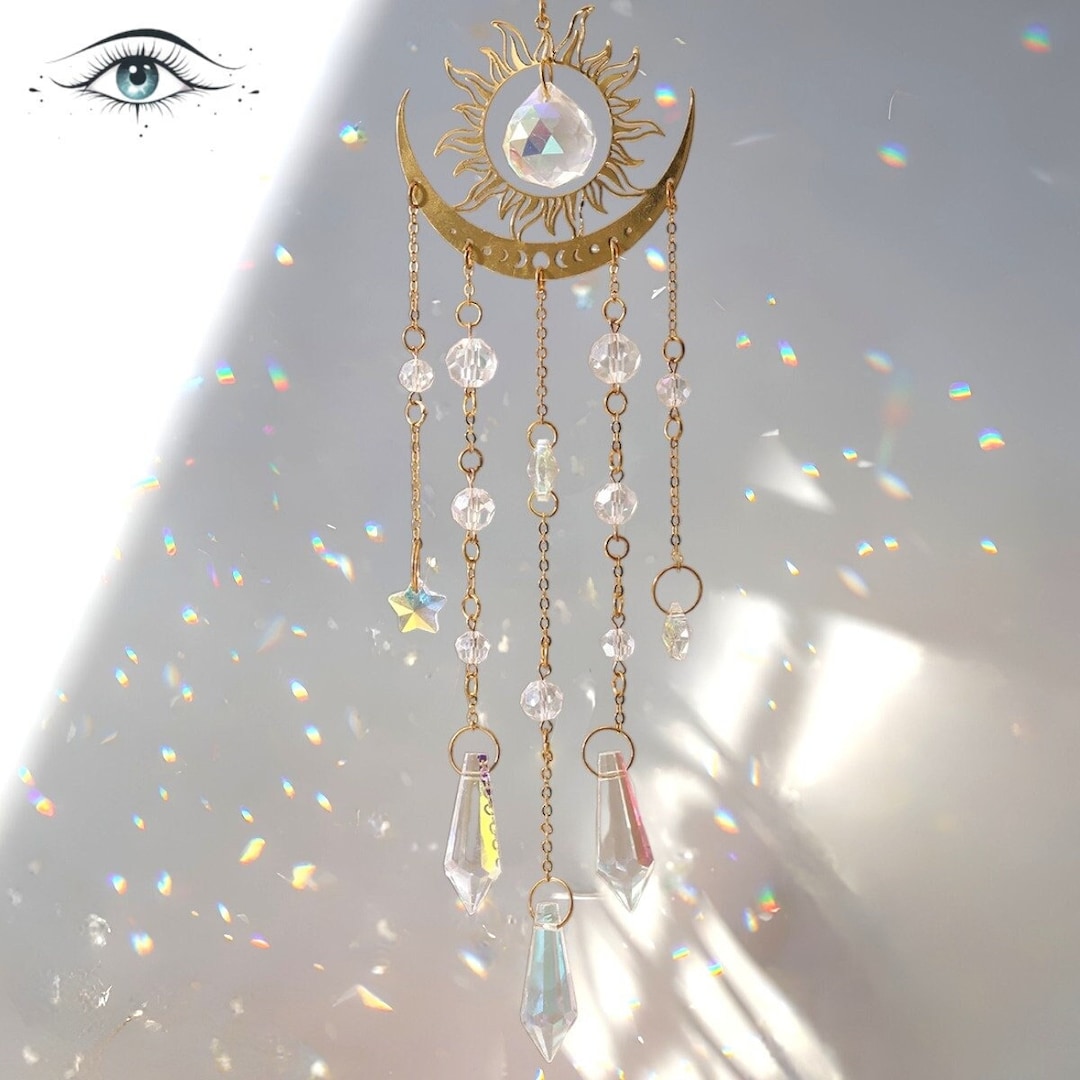 Crescent Moon Crystal Suncatcher: Boho Rainbow Wall Hanging (40cm) - Etsy