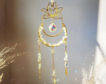 Crystal Suncatcher: Crescent Moon, Lotus Flower, Boho Home Decor (48cm)