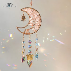Crystal Suncatcher, Tree of Life, Crescent Moon, Crystal Ornament, Wall Hangings, Cute Room Decorations, Boho Chic Home Decor, Rainbow