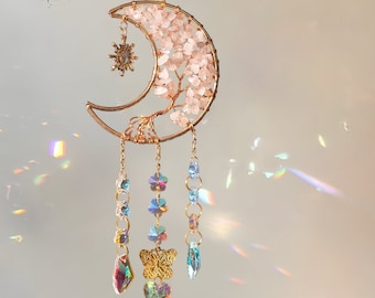 Crystal Suncatcher: Tree of Life Crescent Moon, Boho Home Decor