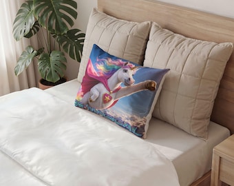 Be Magical Unicorn Pillow Sham | Rainbow Mane, Flying Superhero Horse