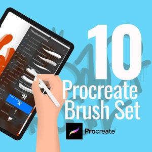 Pode incluir: Uma tela de tablet digital que mostra um conjunto de 10 pincéis Procreate para arte digital. Os pincéis são chamados de "Shadow Drip 1", "Shadow Drip 2", "Shadow Drip 3", "Shadow Drip 4", "Shadow Drip 5", "Shadow Drip 6", "Shadow Drip 7", "Shadow Drip 8", "Shadow Drip 9" e "Shadow Drip 10". A tela mostra uma mão segurando uma caneta digital sobre o tablet.
